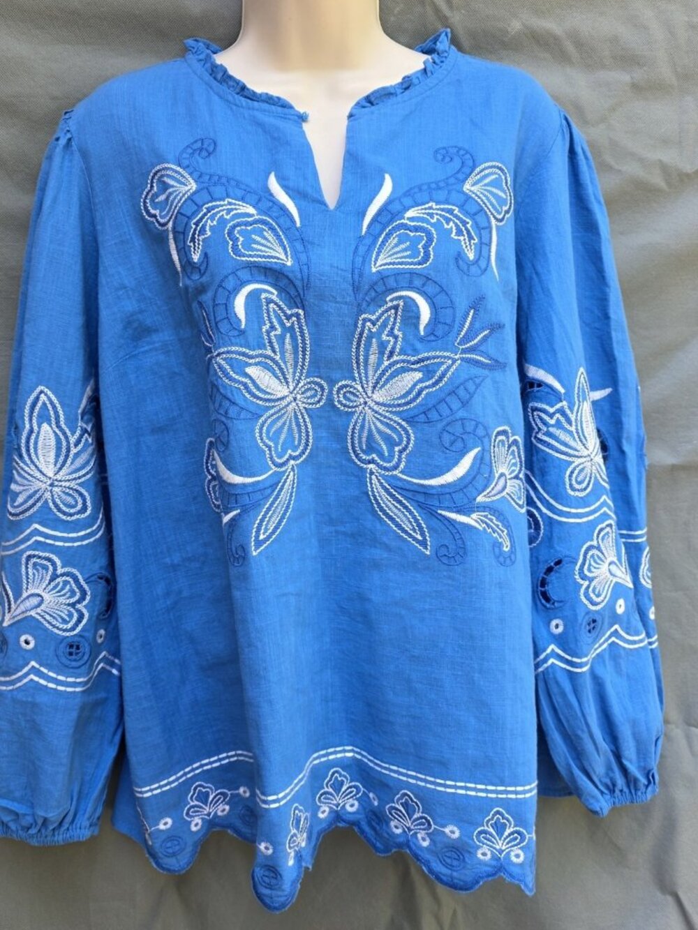 CATO Blue Boho Western 100% Cotton Peasant Blouse Shirt Top Size L